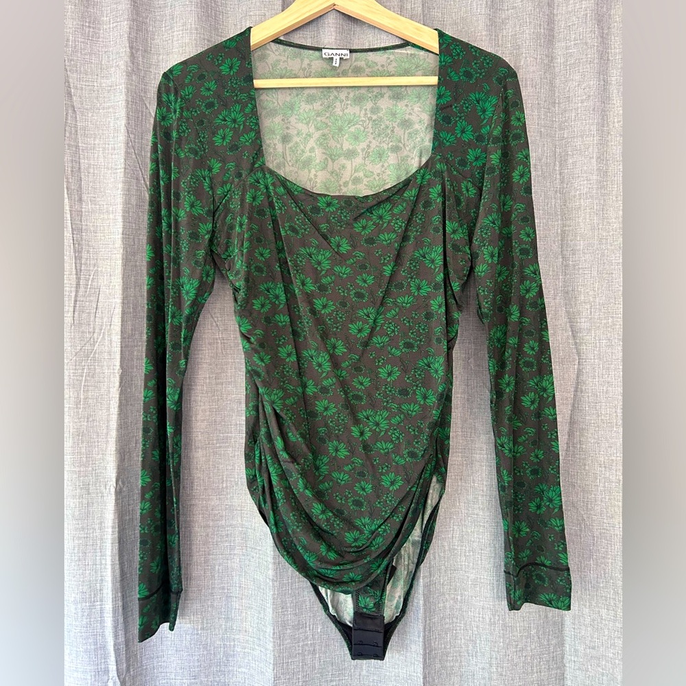 Ganni Dark Green Floral Ruched Bodysuit